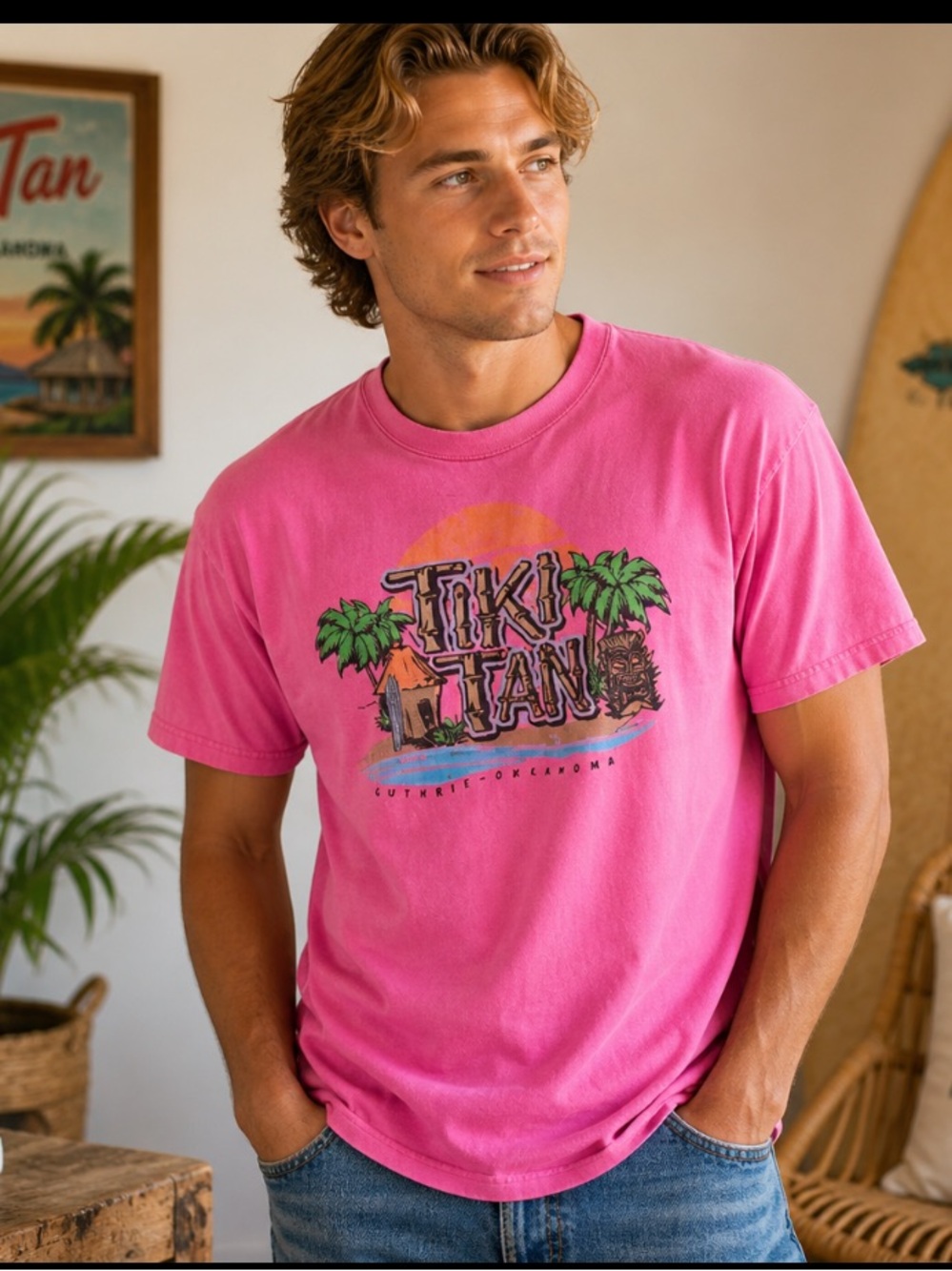 Vintage Tiki Tan men’s Size L Guthrie-Oklahoma Pink Graphic T-Shirt Y2K
